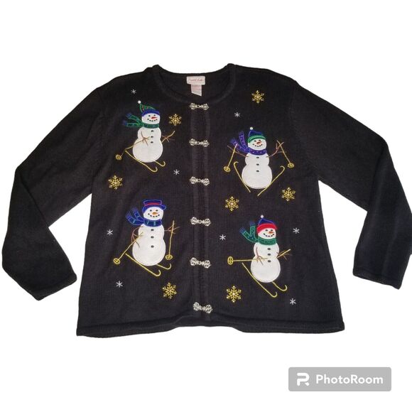 Crystal Kobe Snowman Skiing Ugly Christmas Cardigan Sweater Black Silver Medium - Picture 11 of 11